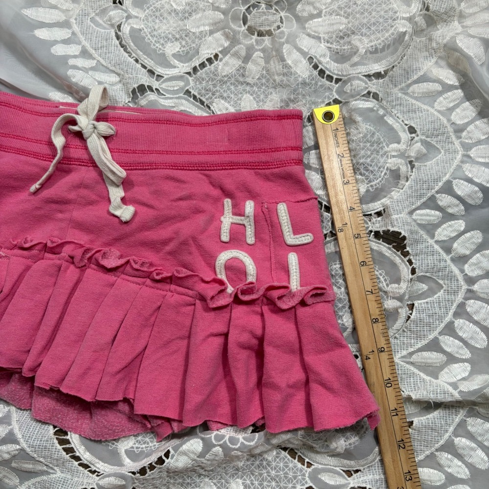 RARE Y2K Hollister Pink Fleece Ruffle Mini Skirt Logo Drawstring Skirt S - Picture 5 of 6
